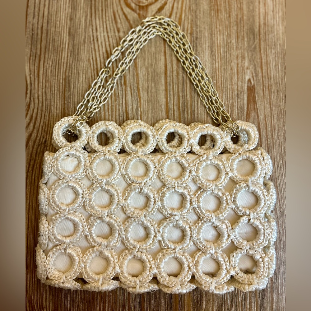 RARE! Vintage 50s-60s Ivory Crocheted Rings Circles Handbag Purse Gold MCM Boho